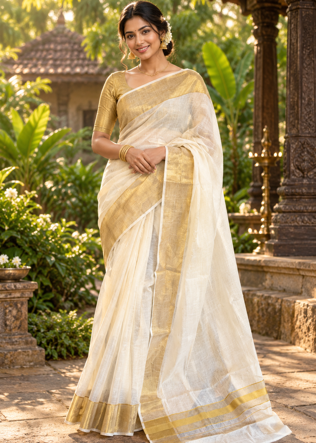 Kerala Cotton Saree With Golden Kasavu