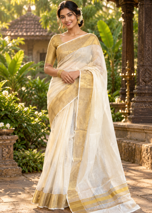Kerala Cotton Saree With Golden Kasavu