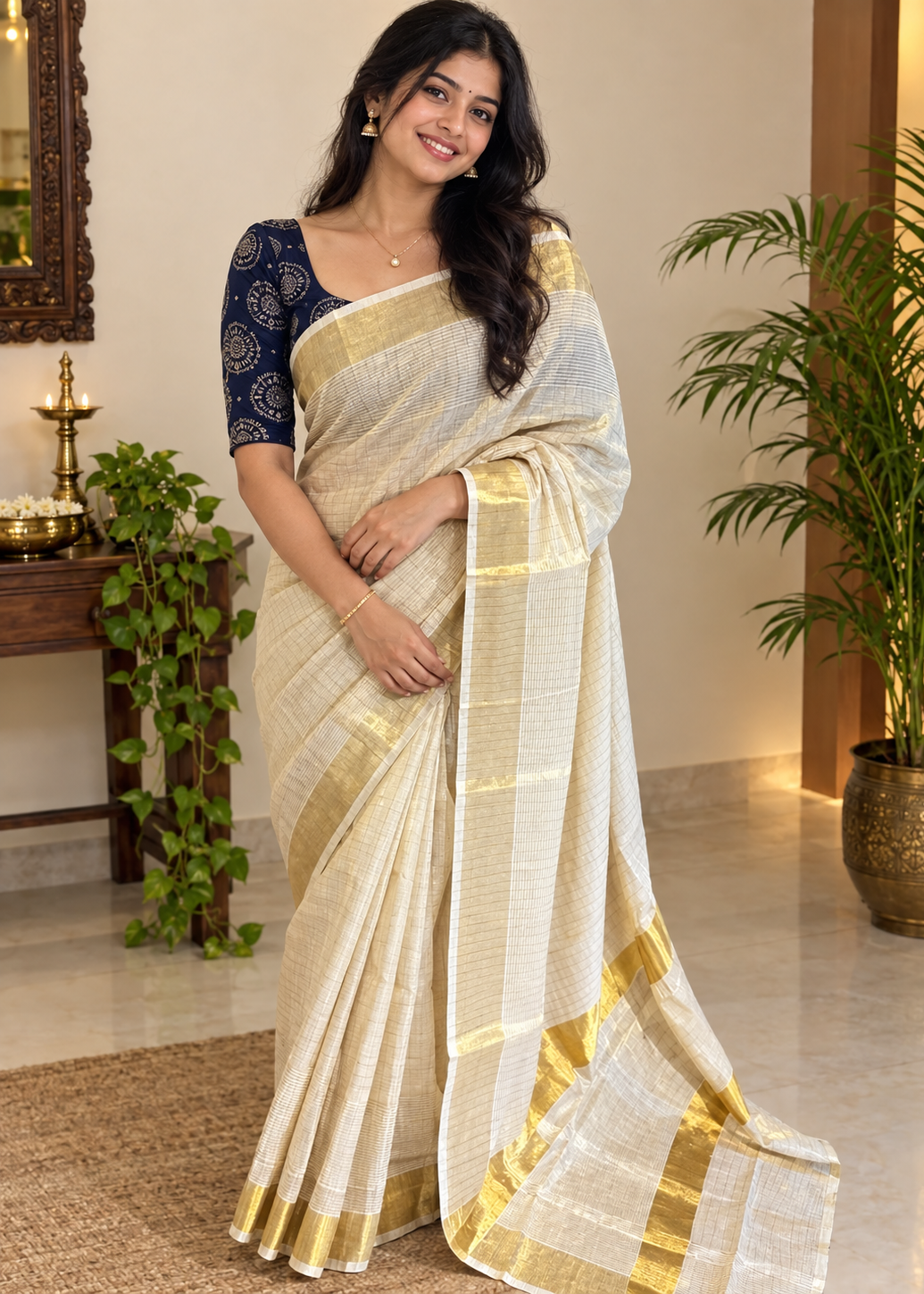 Southloom Kerala Tissue Saree With Lines On The Body With Kasavu Borders