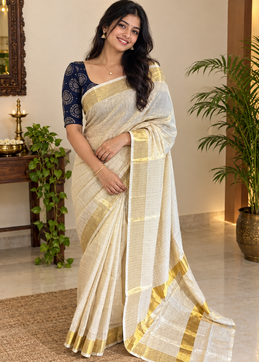 Southloom Kerala Tissue Saree With Lines On The Body With Kasavu Borders
