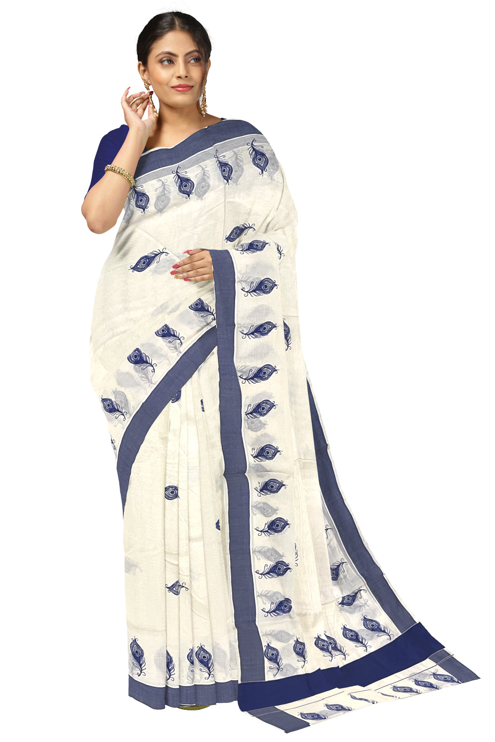 Pure Cotton Kerala Saree with Blue Feather Block Printed Border (Onam Saree 2023)