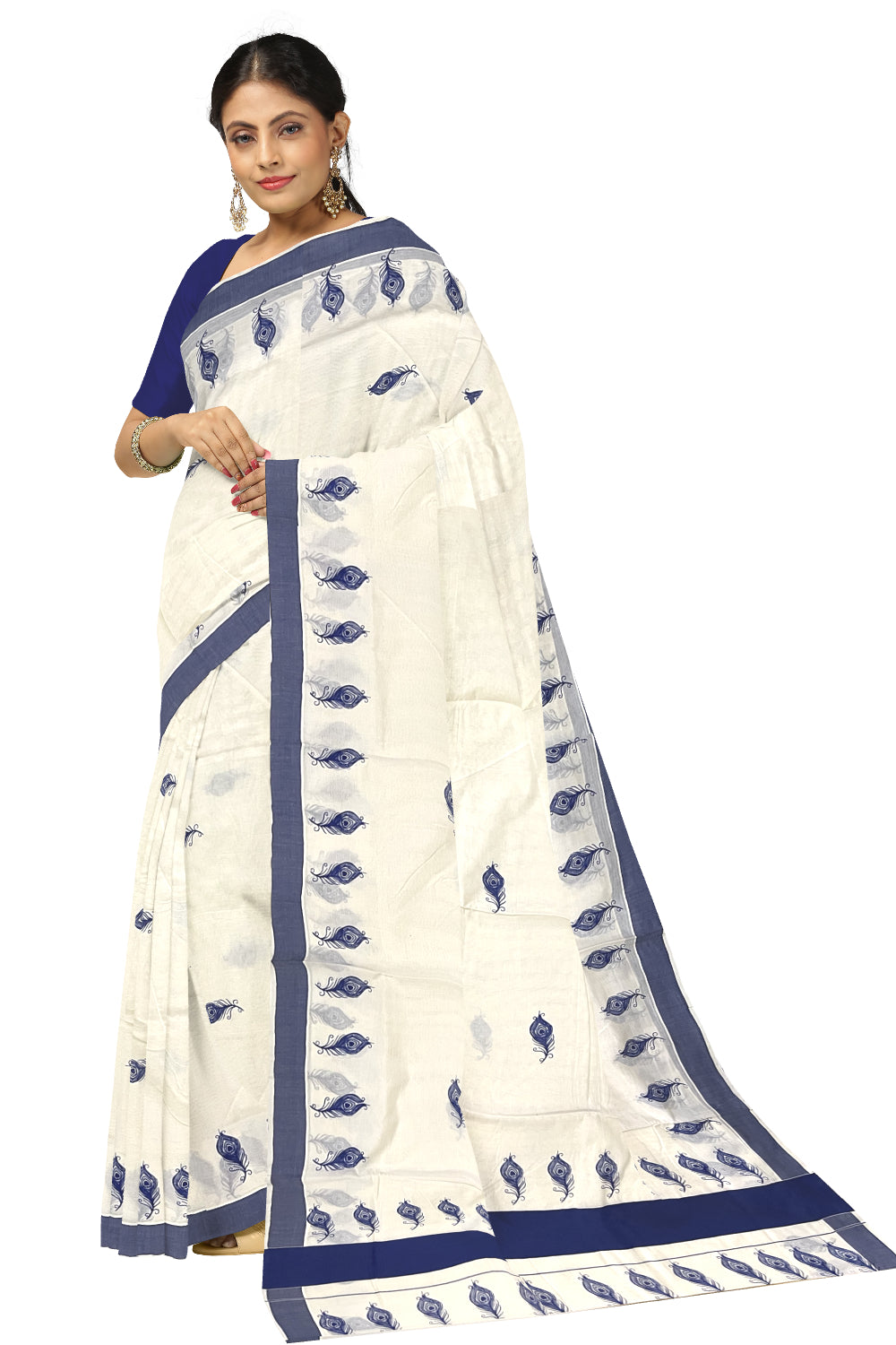 Pure Cotton Kerala Saree with Blue Feather Block Printed Border (Onam Saree 2023)