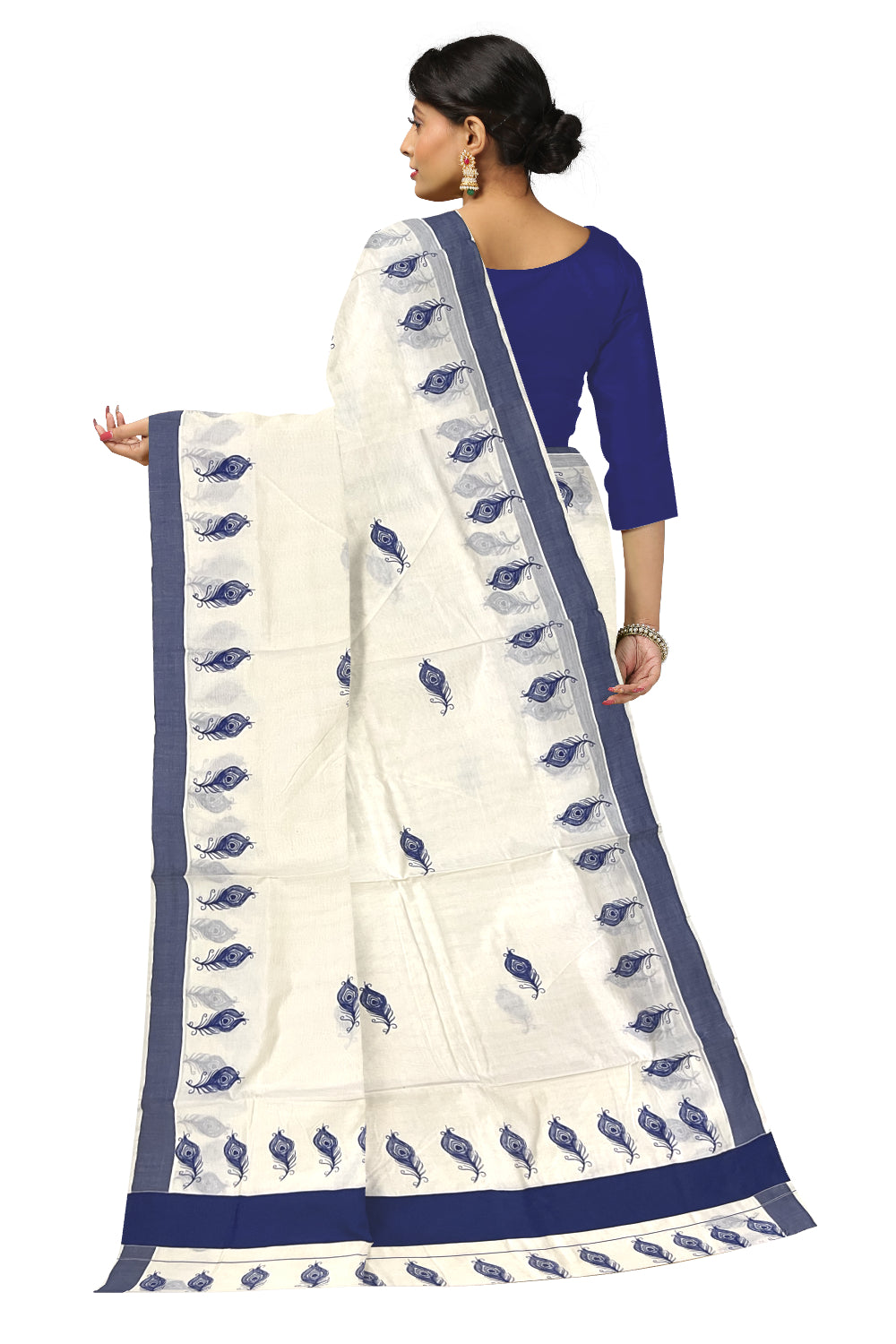 Pure Cotton Kerala Saree with Blue Feather Block Printed Border (Onam Saree 2023)