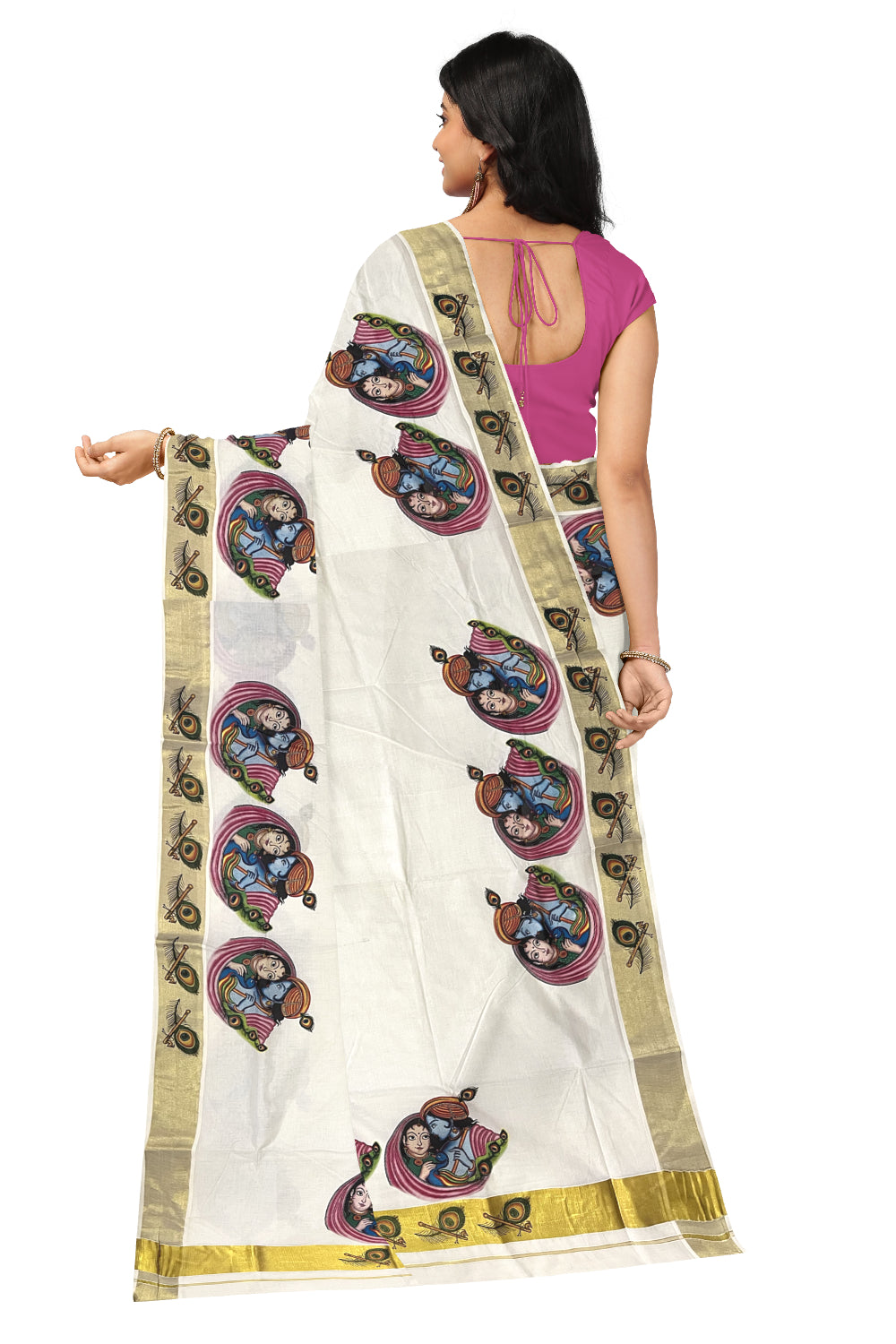 Pure Cotton Kerala Kasavu Saree with Krishna Radha Mural Printed Design (Onam Saree 2023)