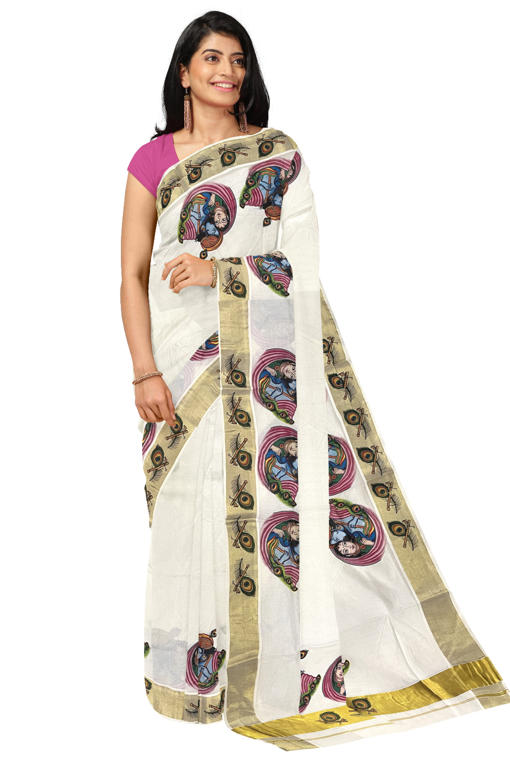 Pure Cotton Kerala Kasavu Saree with Krishna Radha Mural Printed Design (Onam Saree 2023)