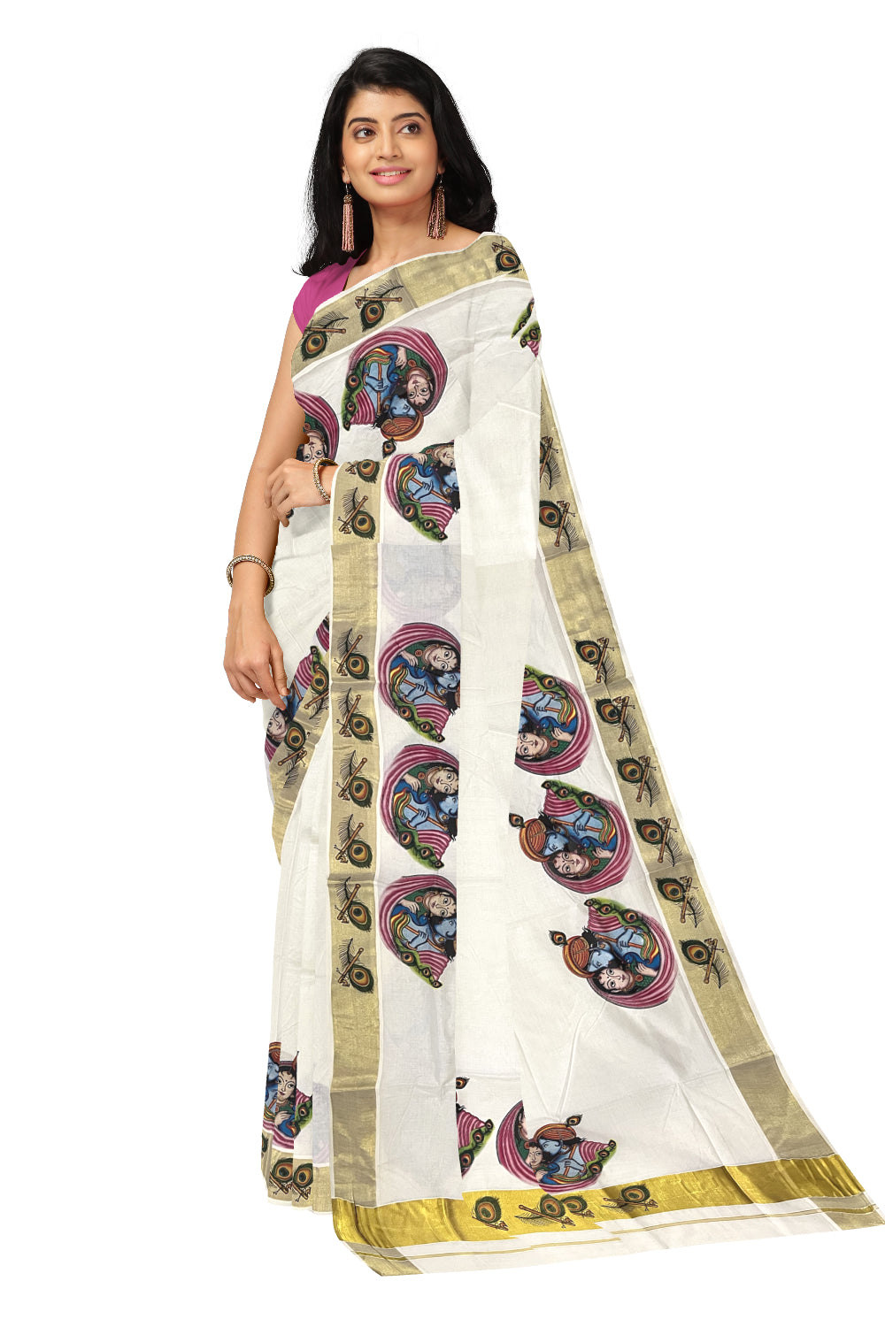 Pure Cotton Kerala Kasavu Saree with Krishna Radha Mural Printed Design (Onam Saree 2023)