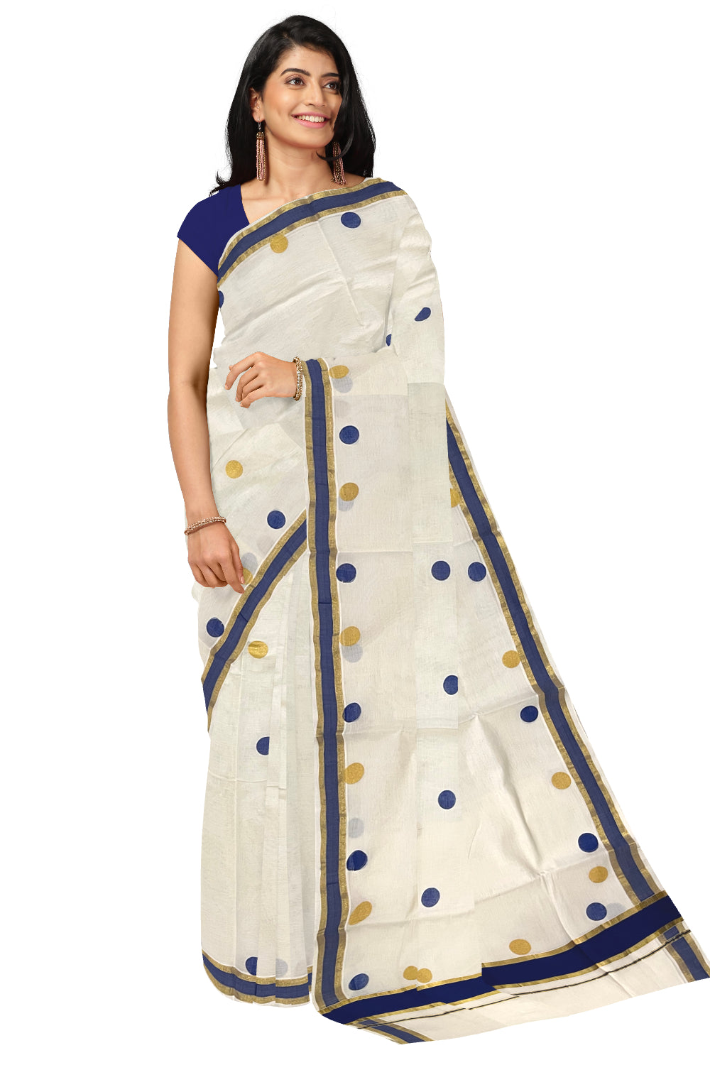 Pure Cotton Kerala Kasavu Saree with Golden and Blue Polka Prints on Body