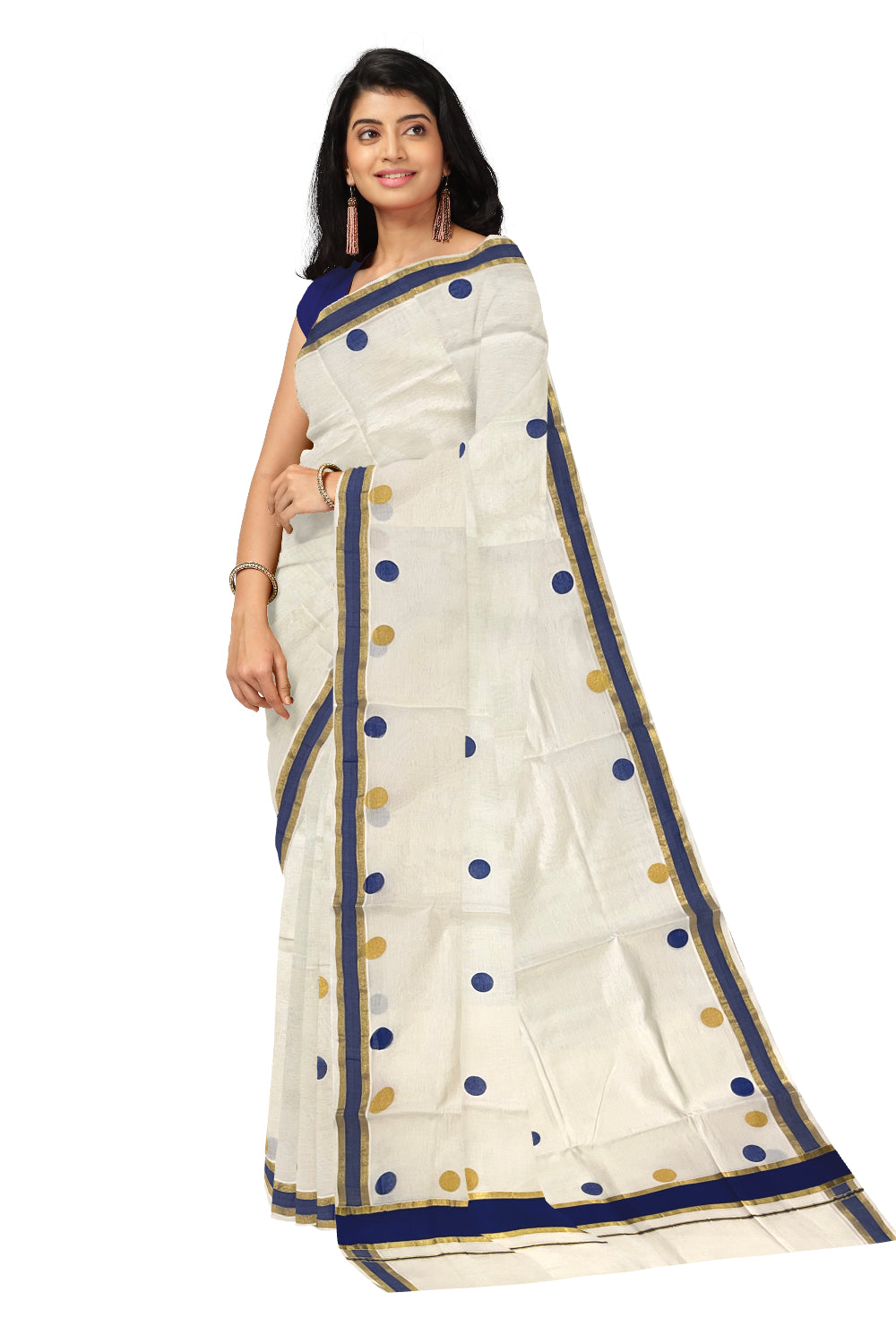 Pure Cotton Kerala Kasavu Saree with Golden and Blue Polka Prints on Body