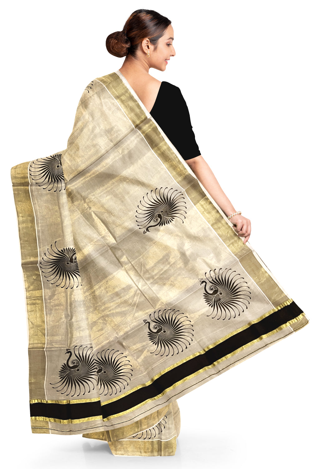 Kerala Tissue Kasavu Saree with Black Block Prints and Kasavu Border