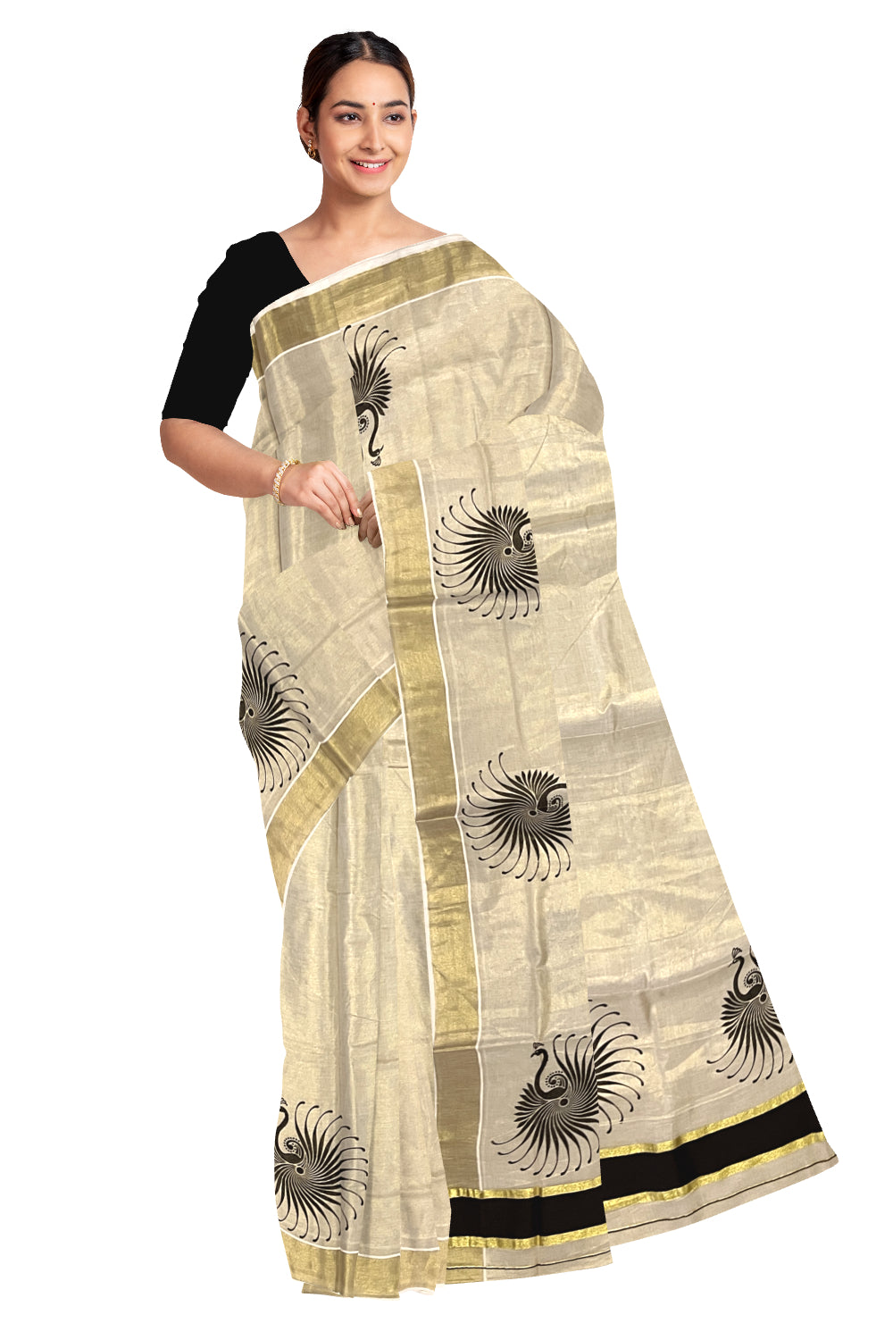 Kerala Tissue Kasavu Saree with Black Block Prints and Kasavu Border