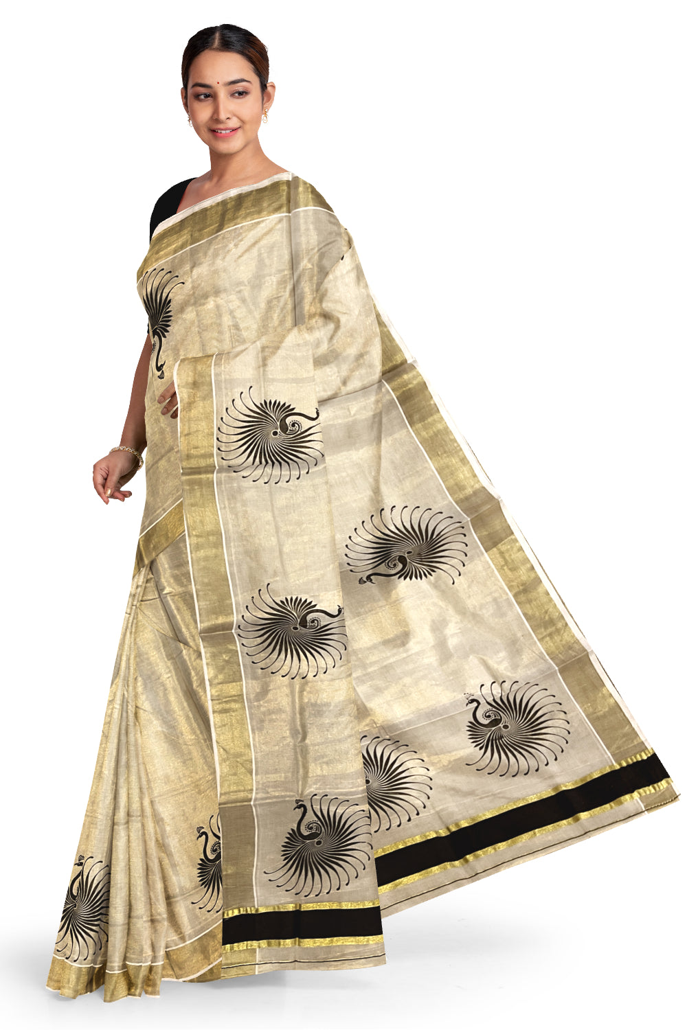 Kerala Tissue Kasavu Saree with Black Block Prints and Kasavu Border