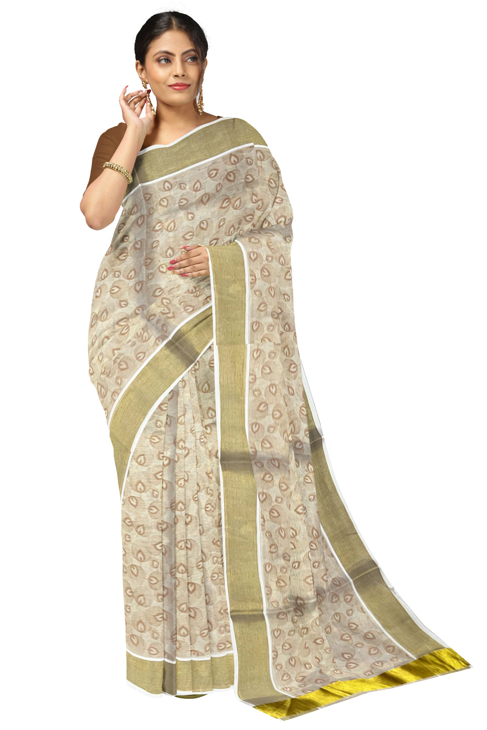 Kerala Tissue Kasavu Saree with Brown Block Printed Designs