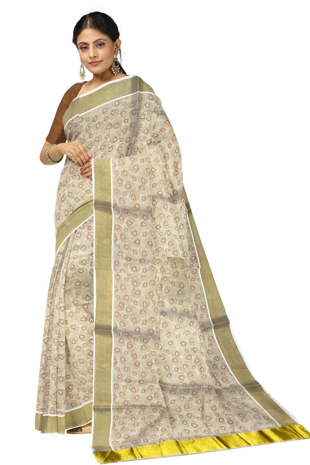 Kerala Tissue Kasavu Saree with Brown Block Printed Designs