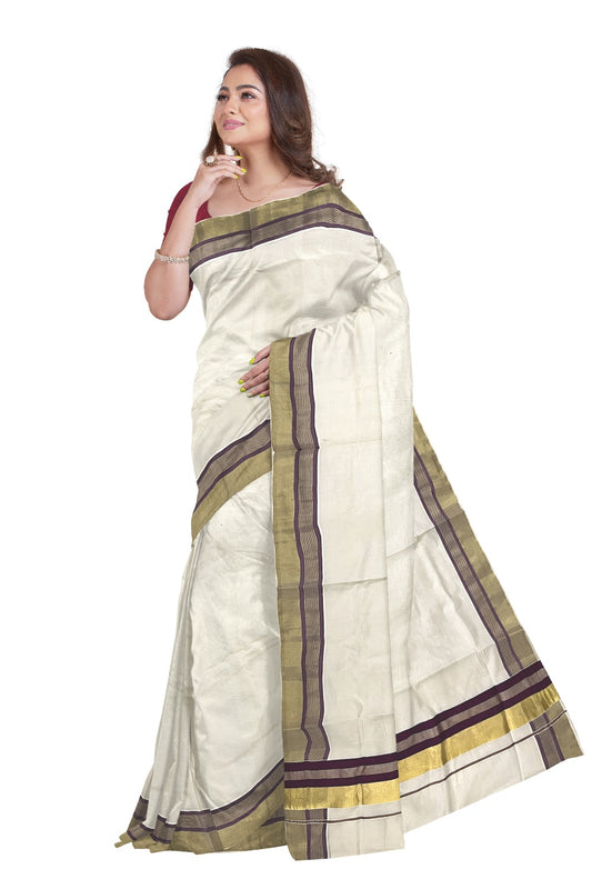 Pure Cotton Kerala Saree with Kasavu and Purple Border