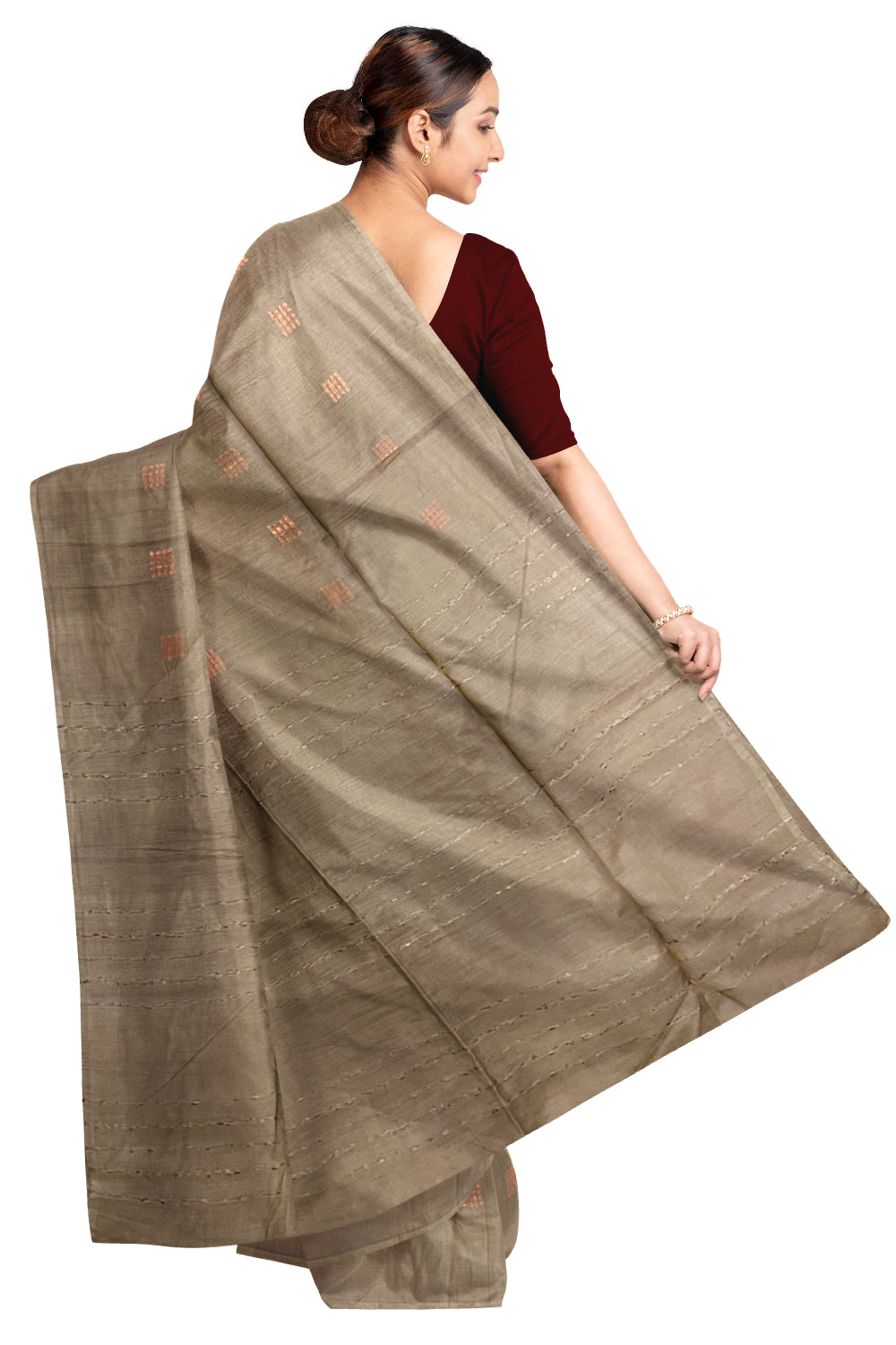 Southloom Cotton Light Brown Designer Saree with Copper Butta Work