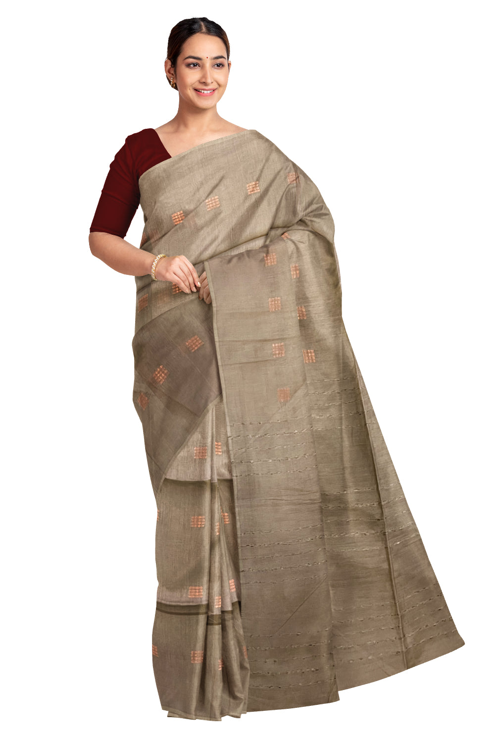 Southloom Cotton Light Brown Designer Saree with Copper Butta Work