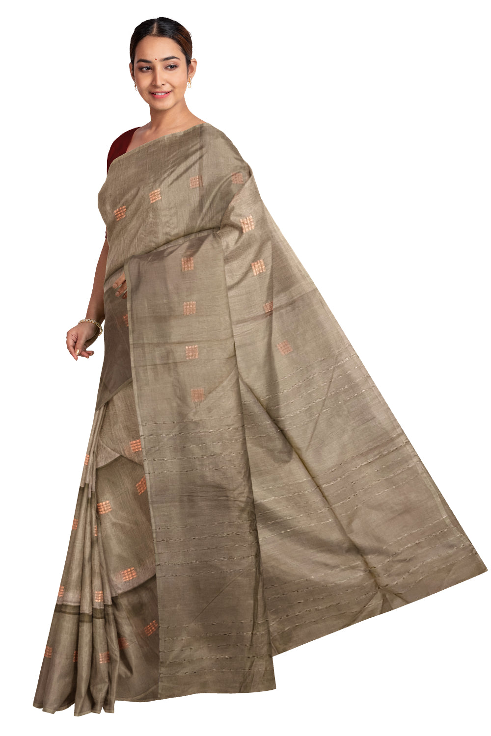 Southloom Cotton Light Brown Designer Saree with Copper Butta Work