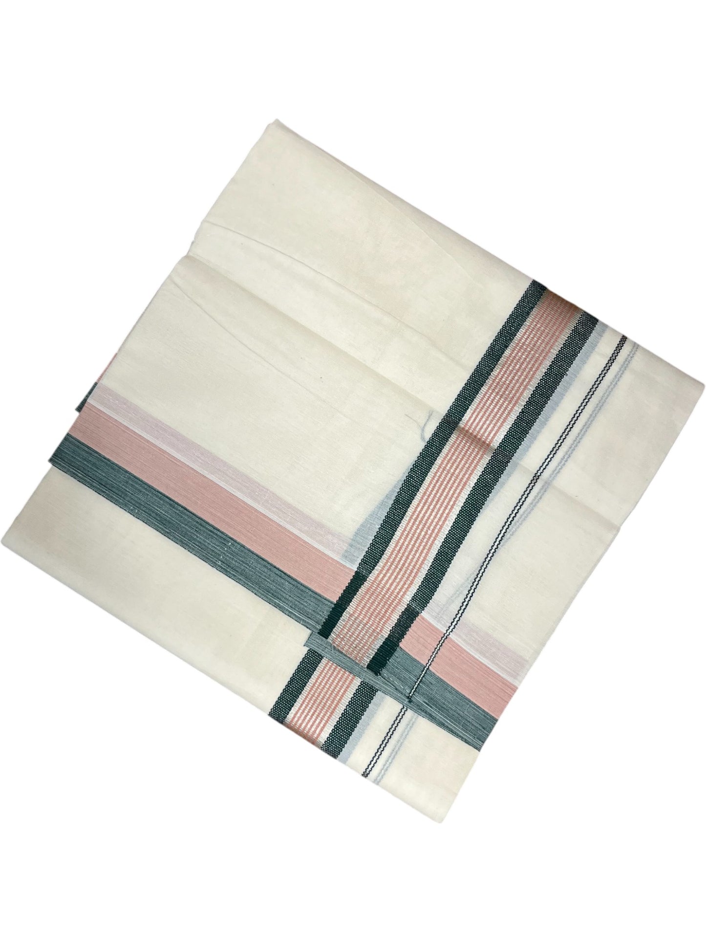 Southloom Kerala Pure Cotton Double Mundu with Green And Peach Silver Lines Border (South Indian Dhoti)