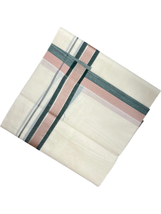 Southloom Kerala Pure Cotton Double Mundu with Green And Peach Silver Lines Border (South Indian Dhoti)