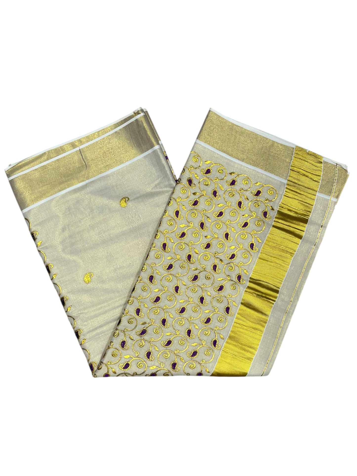 Southloom Tissue Kerala Kasavu Plain Saree with Purple &Gold Embroidery Designs on Body
