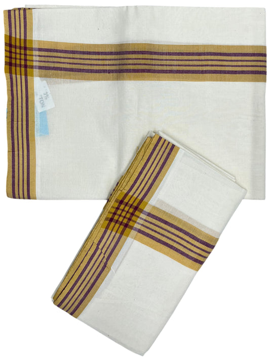Southloom Pure Cotton Kerala Single Mulloth Set Mundu (Mundum Neriyathum) Mustard Yellow And Purple Border in 2.80 mtrs