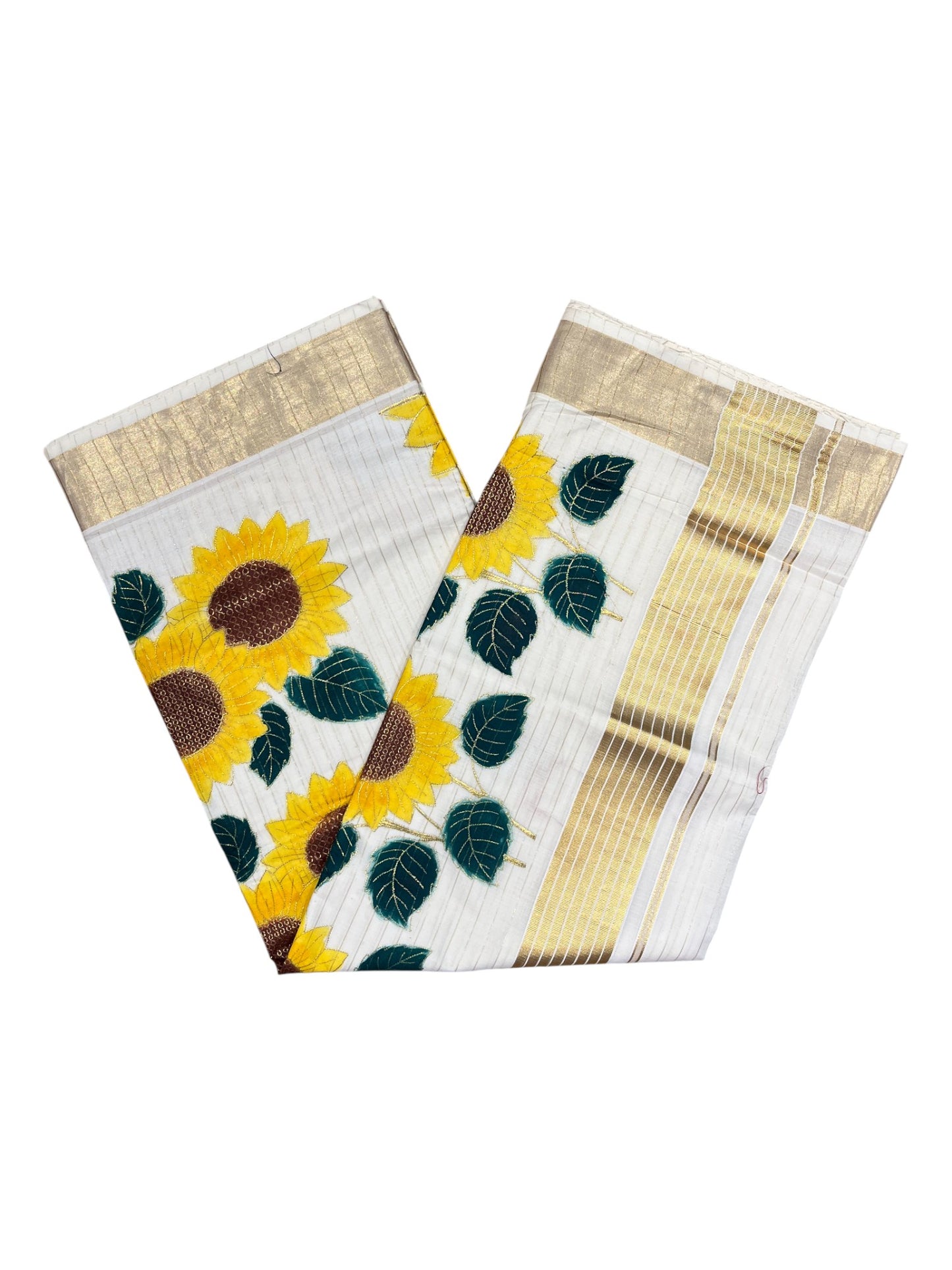 Southloom Kerala Cotton Kasavu Lines Saree with Embroidery Wor in Yellow Floral Print