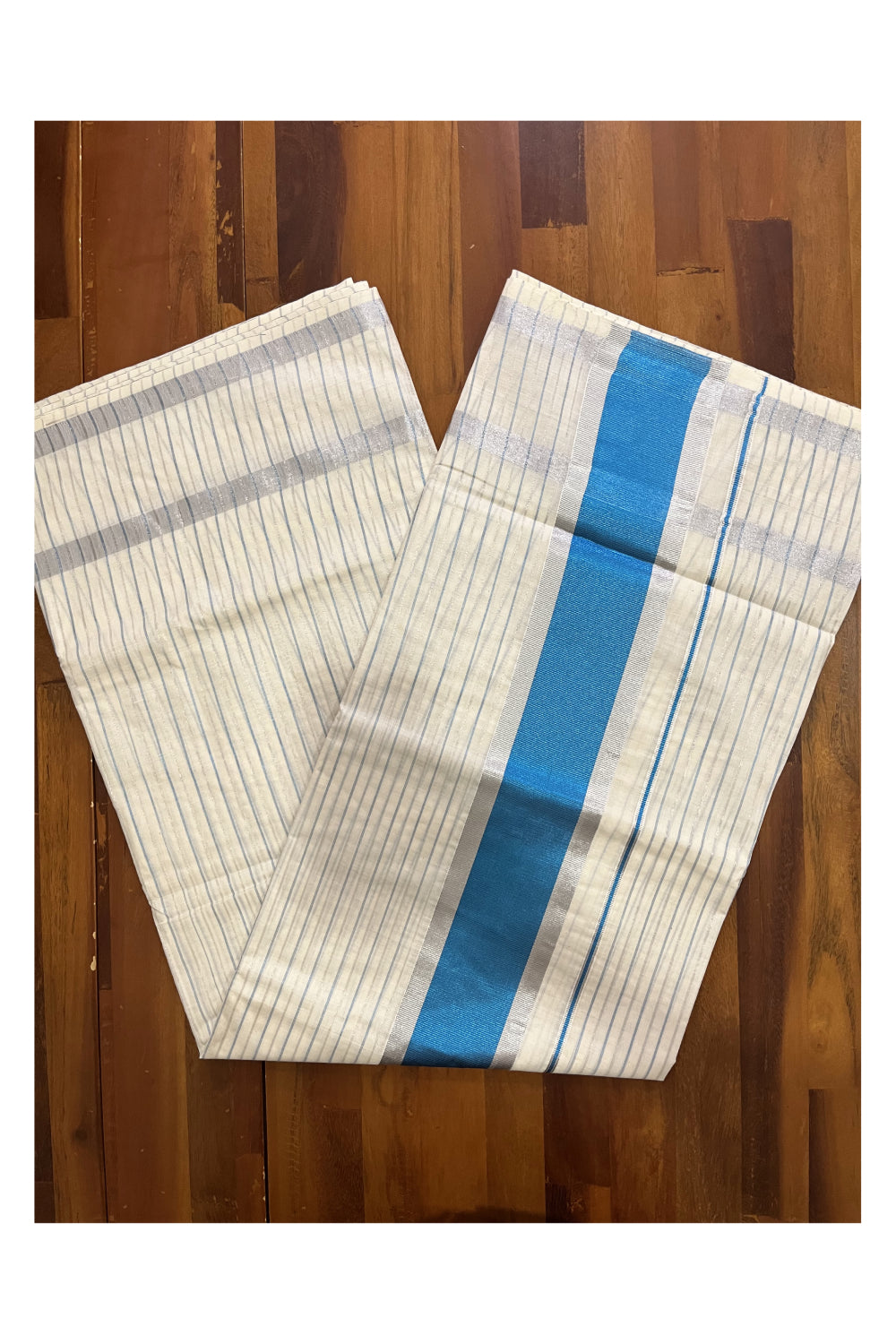 Pure Cotton Kerala Saree with Silver and Blue Kasavu Lines Across Body