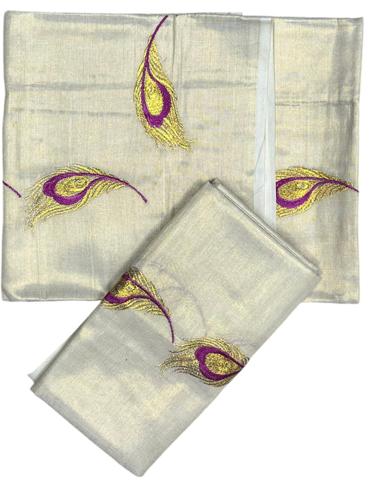 Southloom Kerala Tissue Kasavu Single Set Mundu (Mundum Neriyathum) Magenta and Golden Feather Embroidery Work