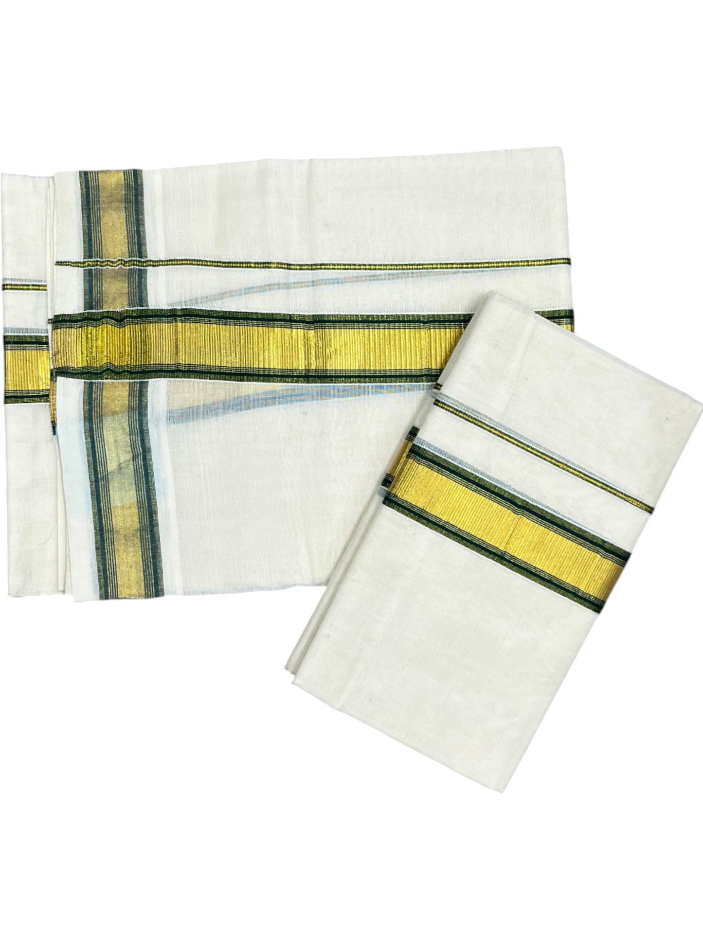 Kerala Cotton Set Mundu (Mundum Neriyathum) with Kasavu and Dark Green Border 2.80 Mtrs SLKK SL470