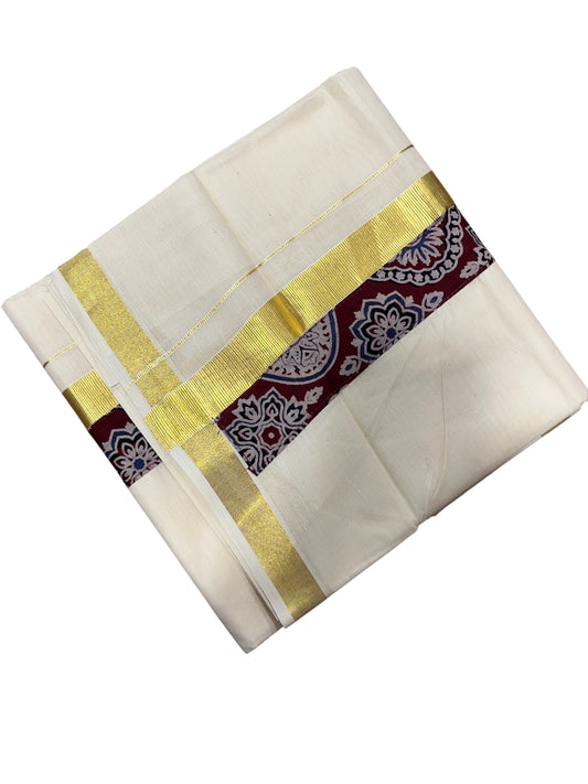 Southloom Pure Cotton Mundu with Kasavu And Blue Ajrakh Print (South Indian Kerala Dhoti)