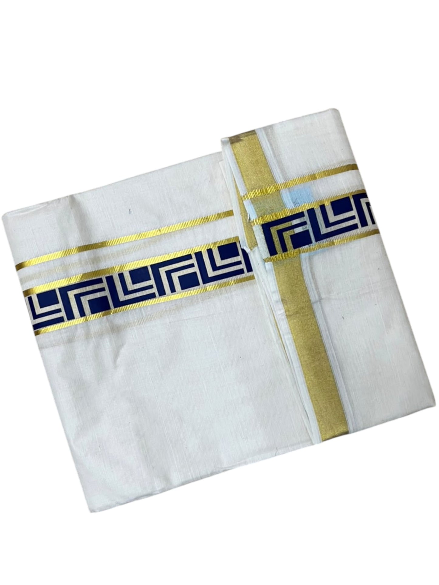 Southloom Pure Cotton Double Mundu with Blue Block Printed And Ksavu Border (South Indian Kerala Dhoti)