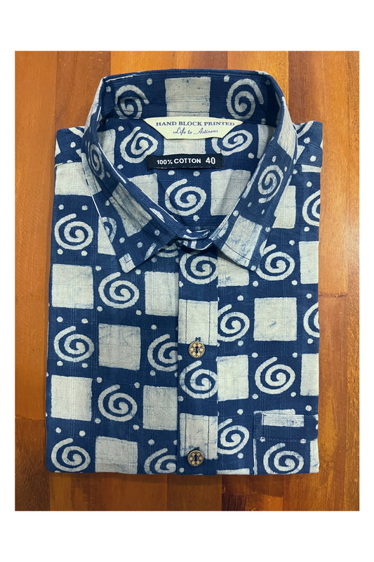 Southloom Jaipur Cotton Indigo Blue Hand Block Printed Shirt (Half Sleeves)