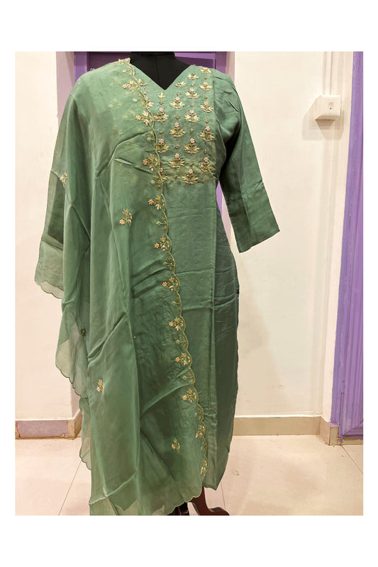 Southloom Stitched Semi Silk Green Salwar Set with Sequins Thread Works in Yoke
