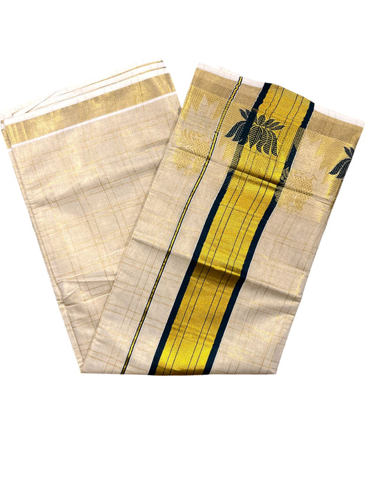 Southloom Tissue Check Kerala Kasavu Saree with Lotus Design And Green Border