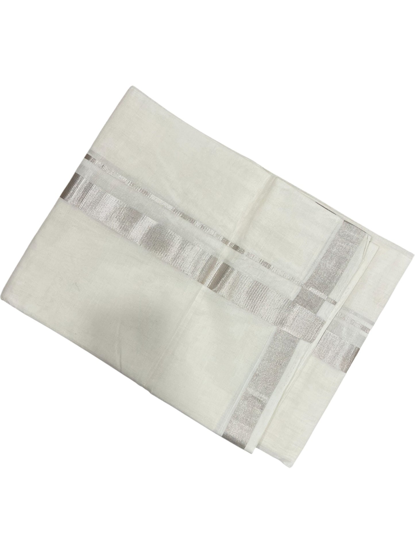 Southloom Premium Handloom Cotton Double Mundu with Silver Kasavu Border