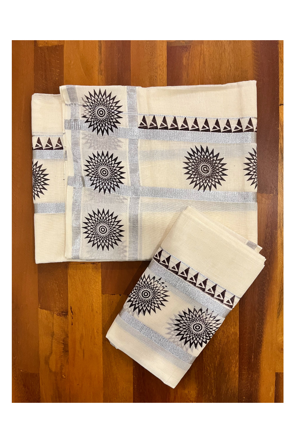 Kerala Pure Cotton Set Mundu Single (Mundum Neriyathum) with Dark Brown Temple Block Prints on Silver Kasavu Border