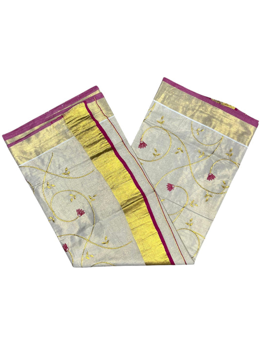 Southloom Kerala Tissue Kasavu Saree with Magenta and Gold Embroidery Across Body