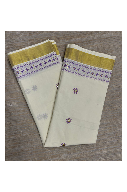 Southloom Violet Block Print Kasavu Saree with Sequins Work on Prints