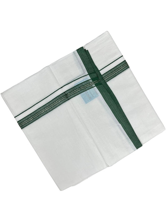 Southloom Pure White Cotton Mundu with Green & Silver Line Border (South Indian Kerala Dhoti)