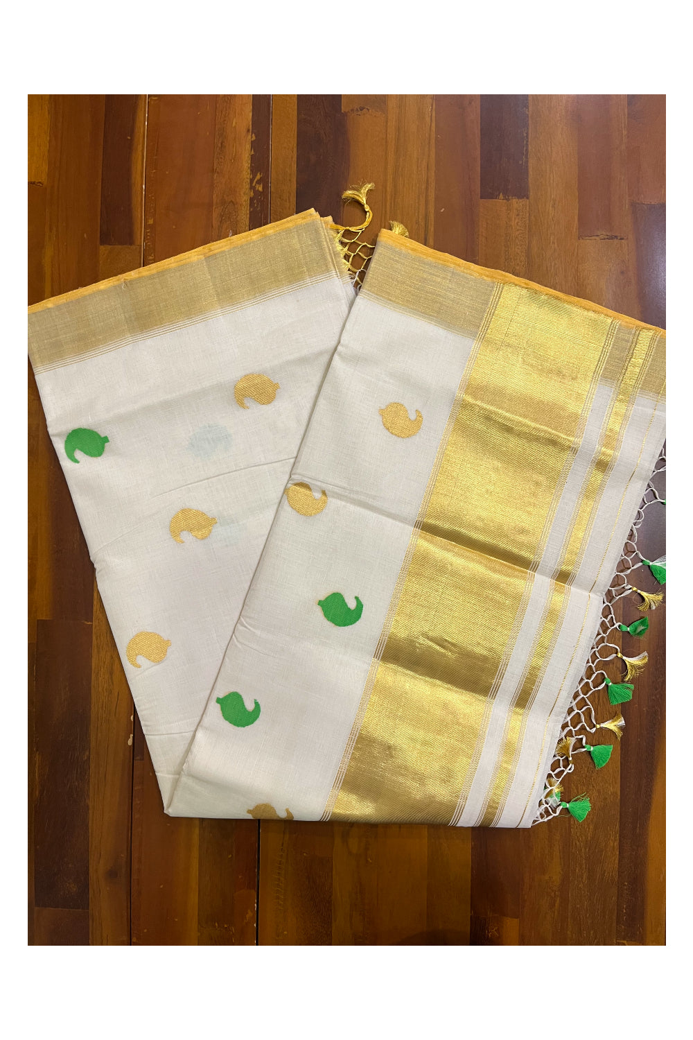 Southloom Super Premium Balaramapuram Unakkupaavu Handloom Kasavu Saree with and Light Green and Golden Paisley Woven Designs on Border