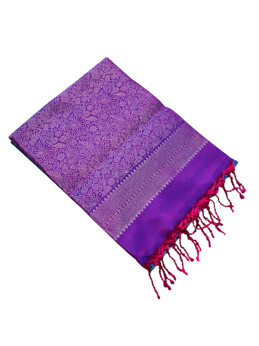 Southloom Pure Handloom Bridal Kanchipuram Silk Saree with Korvai Work (Purple & Blue)