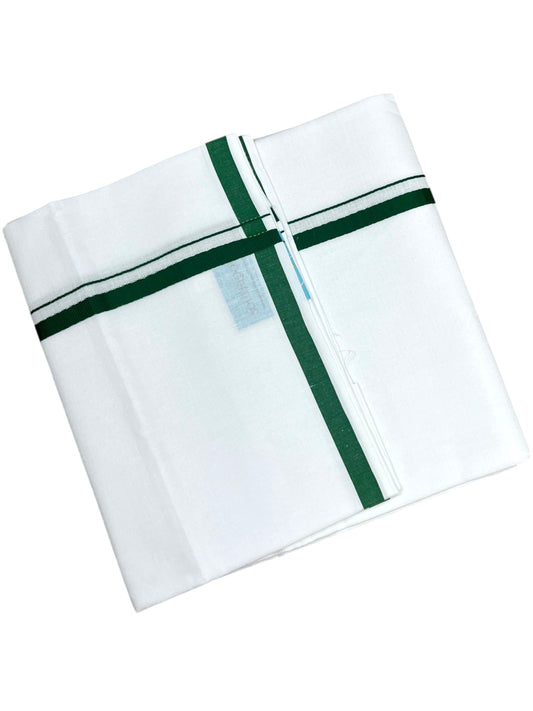 Southloom Pure White Cotton Single Mundu with Green Border (South Indian Kerala Dhoti)