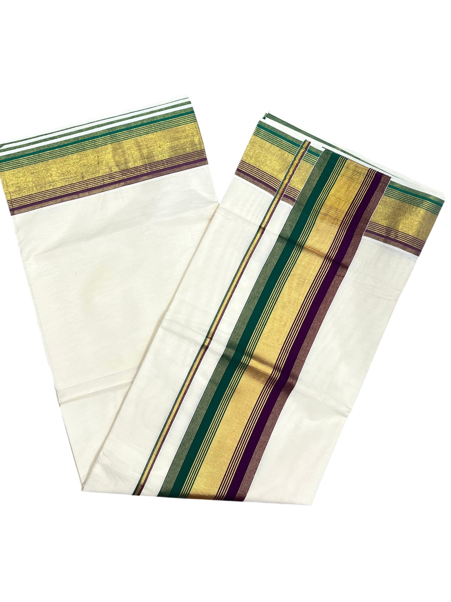 Southloom Kerala Cotton Kasavu Saree with Green And Purple Border