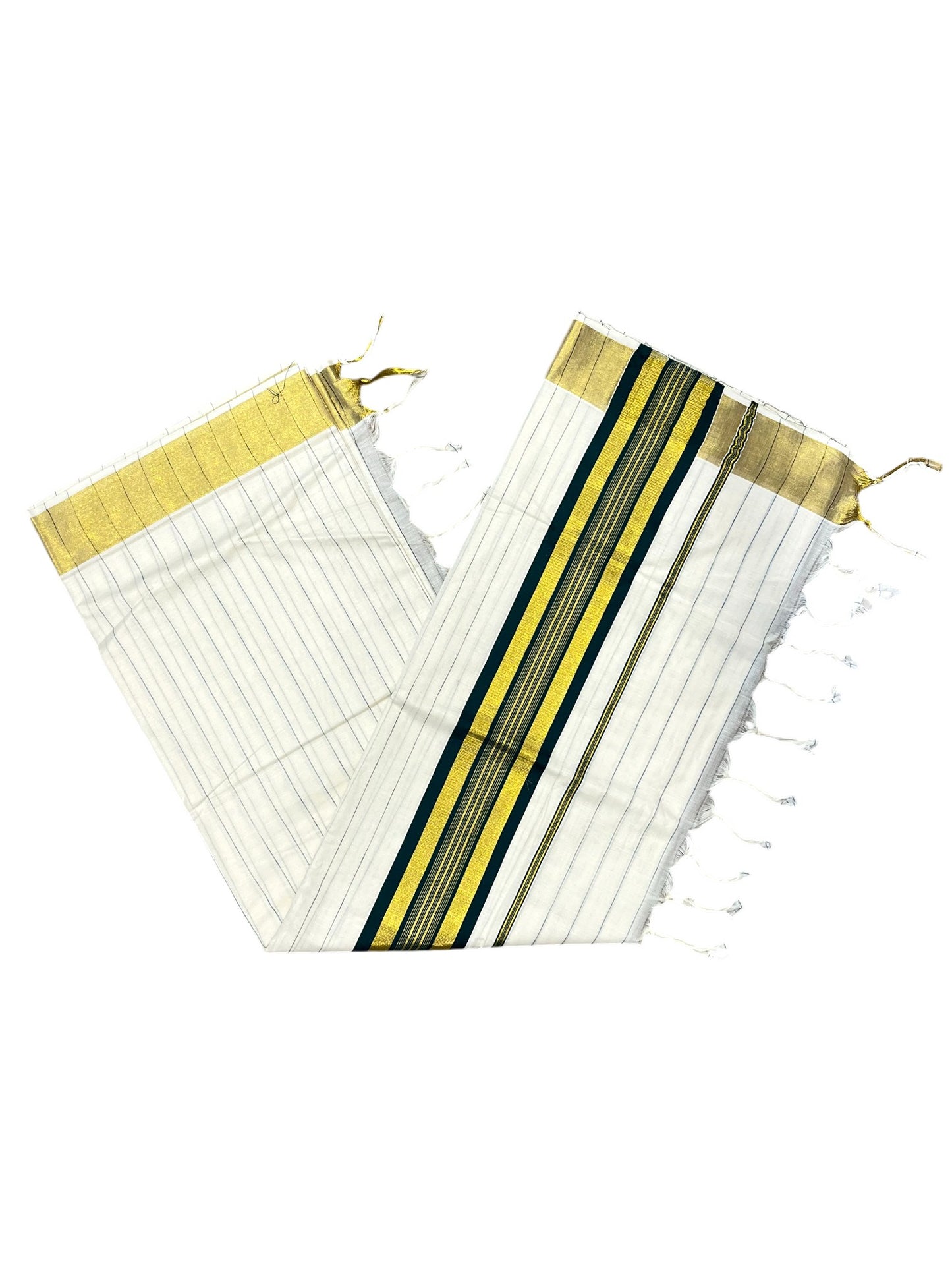 Southloom Kerala Cotton Kasavu Saree with Gold And Green Lines on Body SL331
