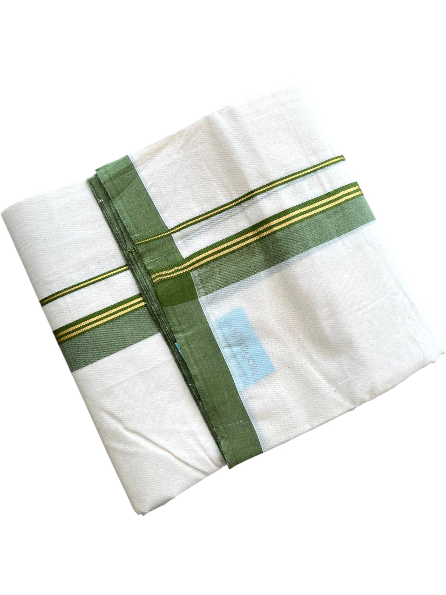 Southloom Pure Cotton Mundu with Golden Lines and Olive Green Border (South Indian Kerala Dhoti)