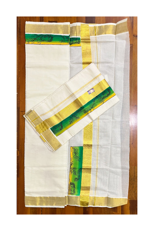 Kerala Cotton Single Set Mundu (Mundum Neriyathum) with Hand Painted Designs with Kasavu Border - 2.80Mtrs