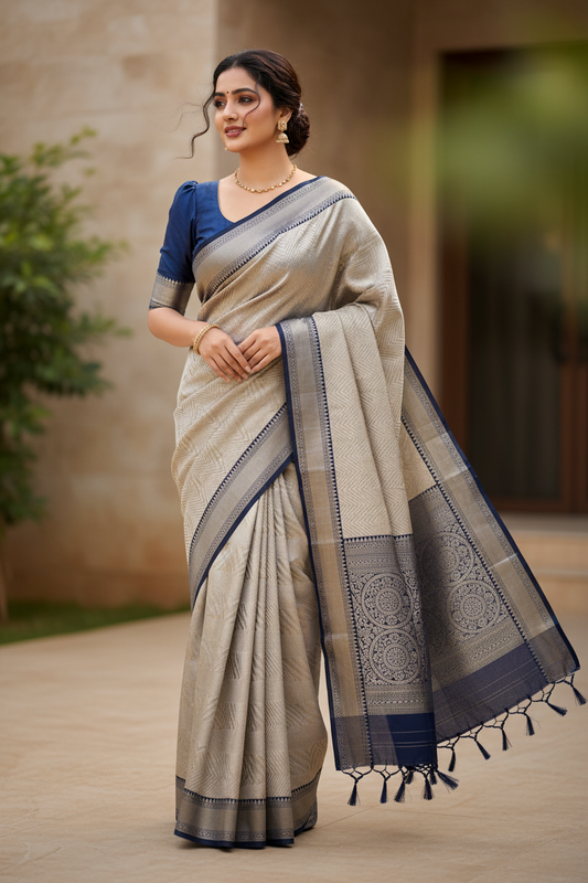 Southloom Semi Banarasi Katan Tissue Saree with Woven Work on Body and Borders