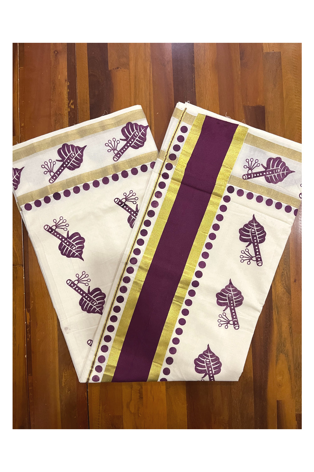 Pure Cotton Kerala Saree with Purple Block Printed Kasavu Border