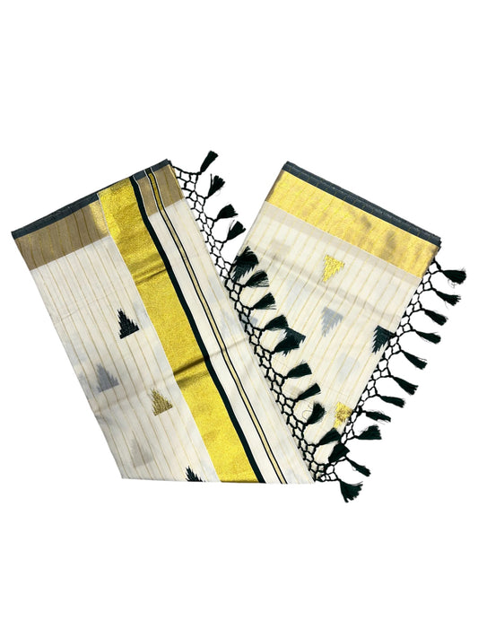 Kerala Cotton Kasavu Stripes Saree with Green and Gold Temple Embroidery Design on Body