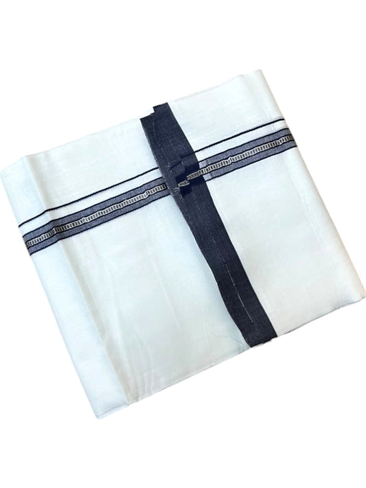 Southloom Pure White Cotton Mundu with Blue & Silver Line Border (South Indian Kerala Dhoti)
